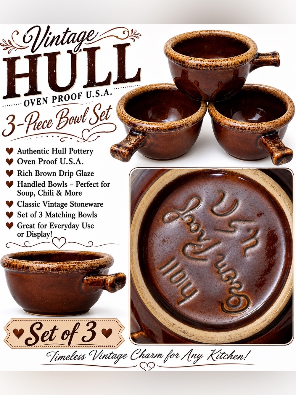 Hull Pottery Brown Drip Glaze 3-Piece Handled Bowl Set